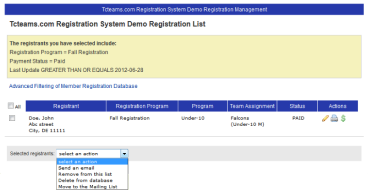 tcteams.com online registration database filter